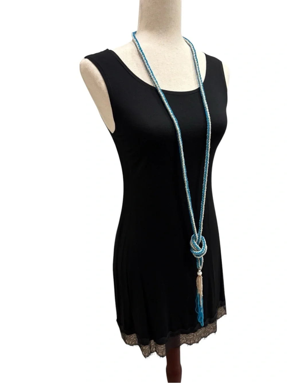 Antique Art Deco Blue & White Flapper Sautoir Beaded Lariat Necklace